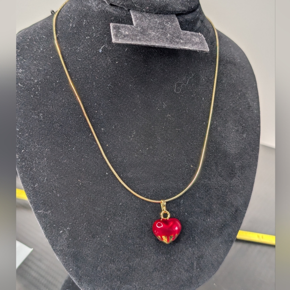 Gold Necklace with Red Heart Pendant